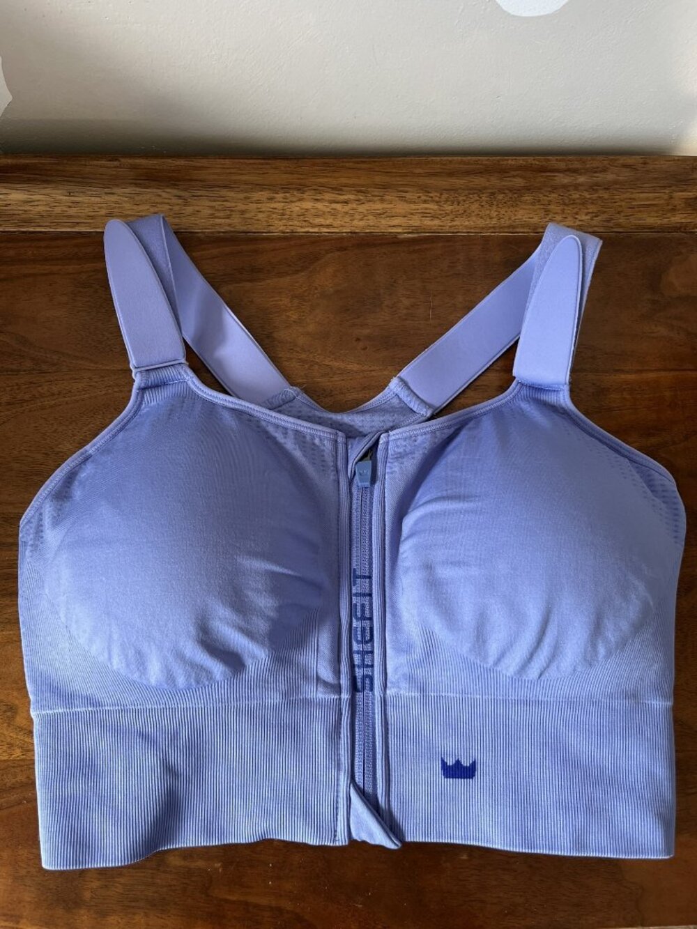 Shefit Low Impact Sports Bra Sz 2Luxe Periwinkle Blue Front Zip Comfy Supportive